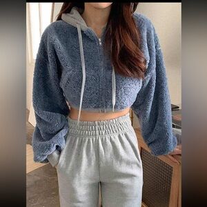 🩵 Teddy plush Cropped zipper Casual Sports fleece jacket w/ drawstring hooded S